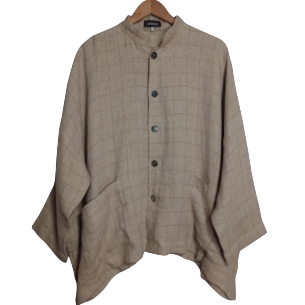 Eskandar Mandarin Collar Windowpane Plaid Linen Shirt Jacket Lagenlook